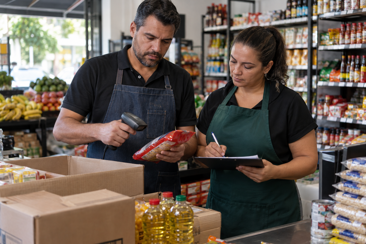 Capa editorial local sobre agronegócio; tema: Como organizar compras e reposição com estoque mínimo com leitor de código de barras — Guia 1